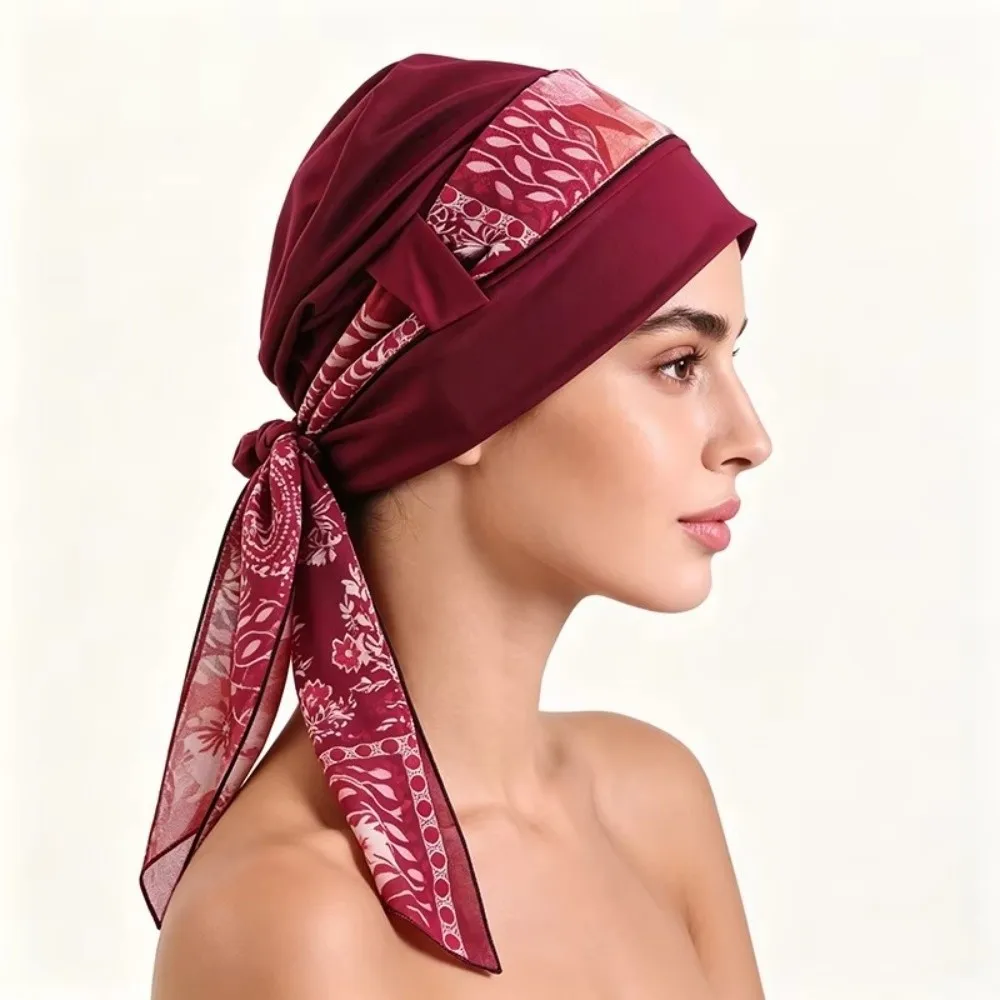 Two Piece Set Hijab Print Pattern Stretch Fabric Pre Tied Turban Hat Soft Material Pre Tied Design Stretch Beanies Caps