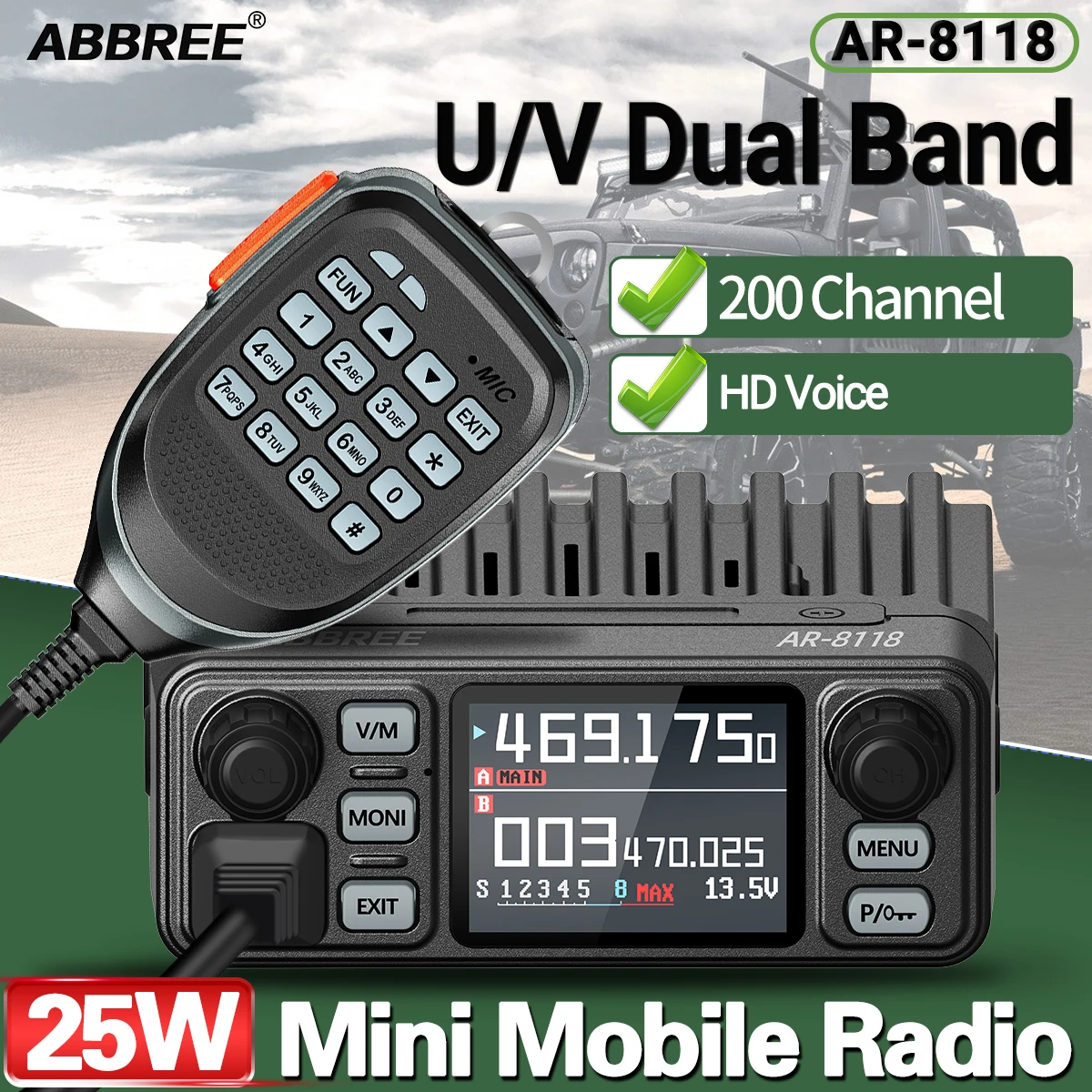 ABBREE AR-8118 Mini Mobile Radio 25W Dual Band VHF UHF 200CH Long Range Receiving VOX Dual PTT Car Radio For IC-980Pro