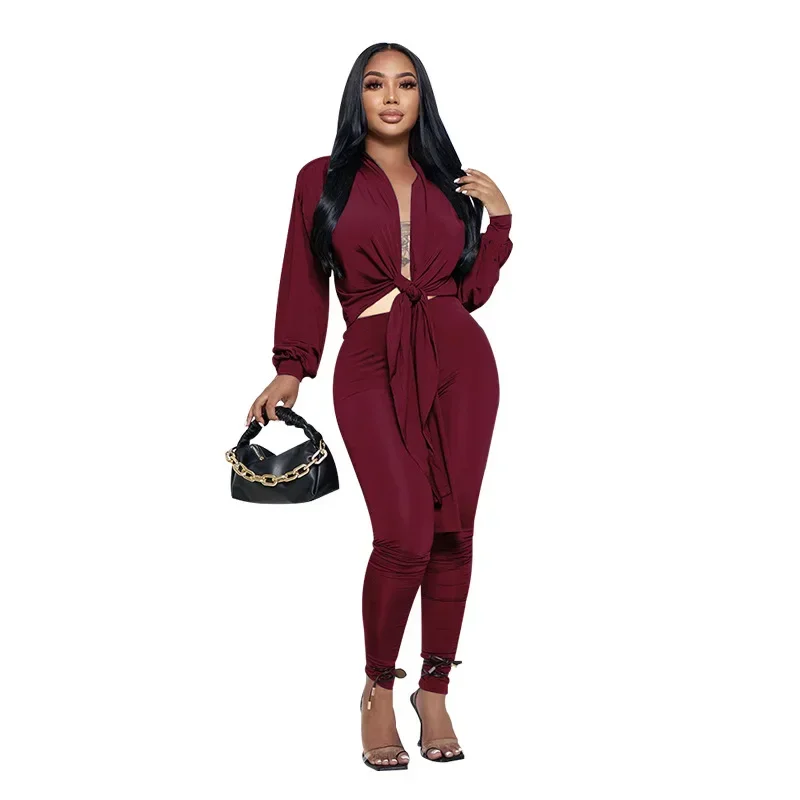 Pant Sets Long Sleeve Shirt Pencil Pants Lace Up Office Lady Elegant V Neck Trousers Y2k Work Two Piece Set Women Sexy Outfit