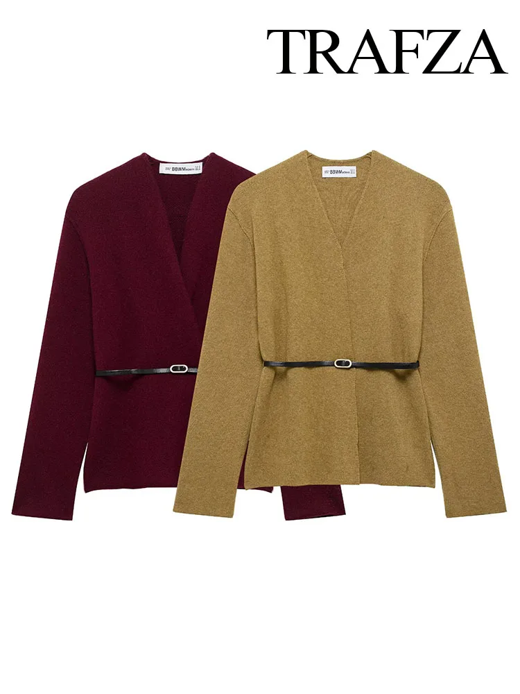 

TRAFZA Women's New Fashion V-Neck Belt Pure Wool Casual Jacket Female Elegant High-End Knit Long Sleeve Cardigan 2-Color Outwear