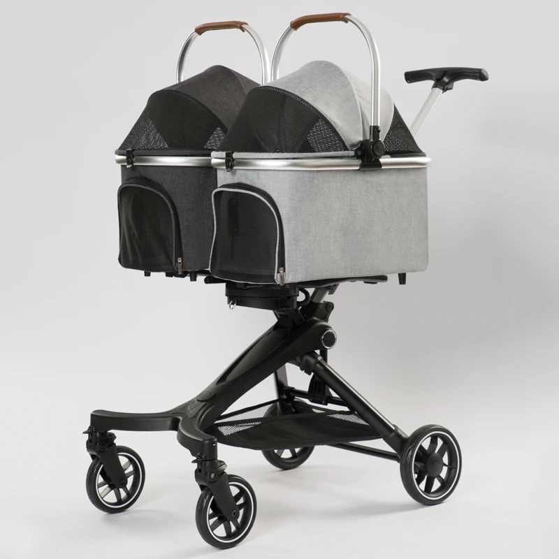 Factory wholesale Luxury Aviation Aluminum Folding Double Pet Trolley and waterproof rain cover