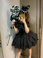 Gothic Lolita Harajuku Subculture Striped Puff Sleeve Bow Lace Mini Dress Women Y2k Double Breasted Casual Party Outfit New 2026 4