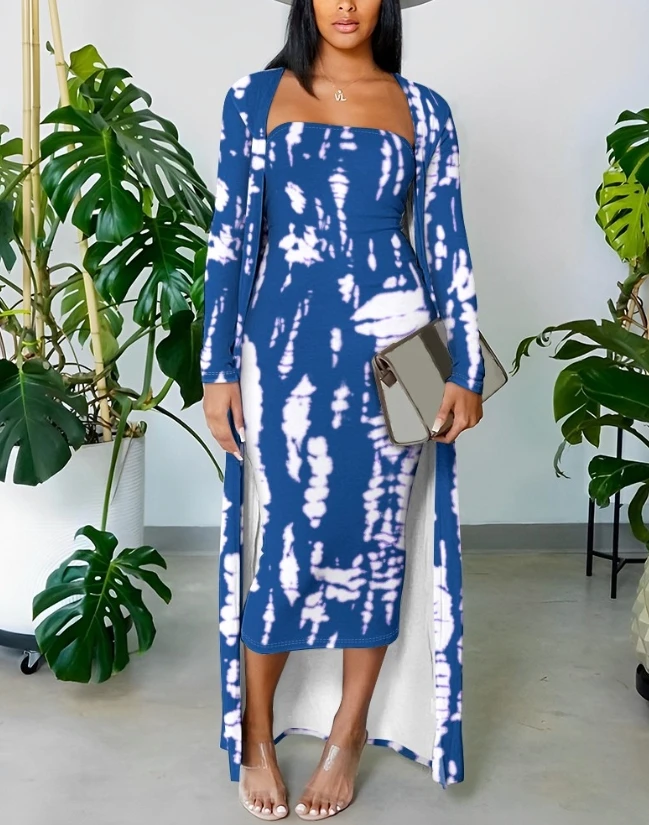 Sexy Elegant Tie Dye Print Bodycon Dress with Longline Coat New Fashion 2024 Summer Casual Womens Two Piece Sets Outfit