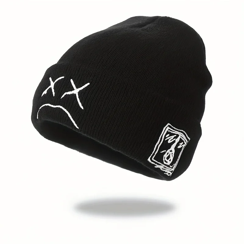 Sad face embroidered graphic brimless beanie fashionable black and white knitted hat casual hip-hop brimless hat image 2