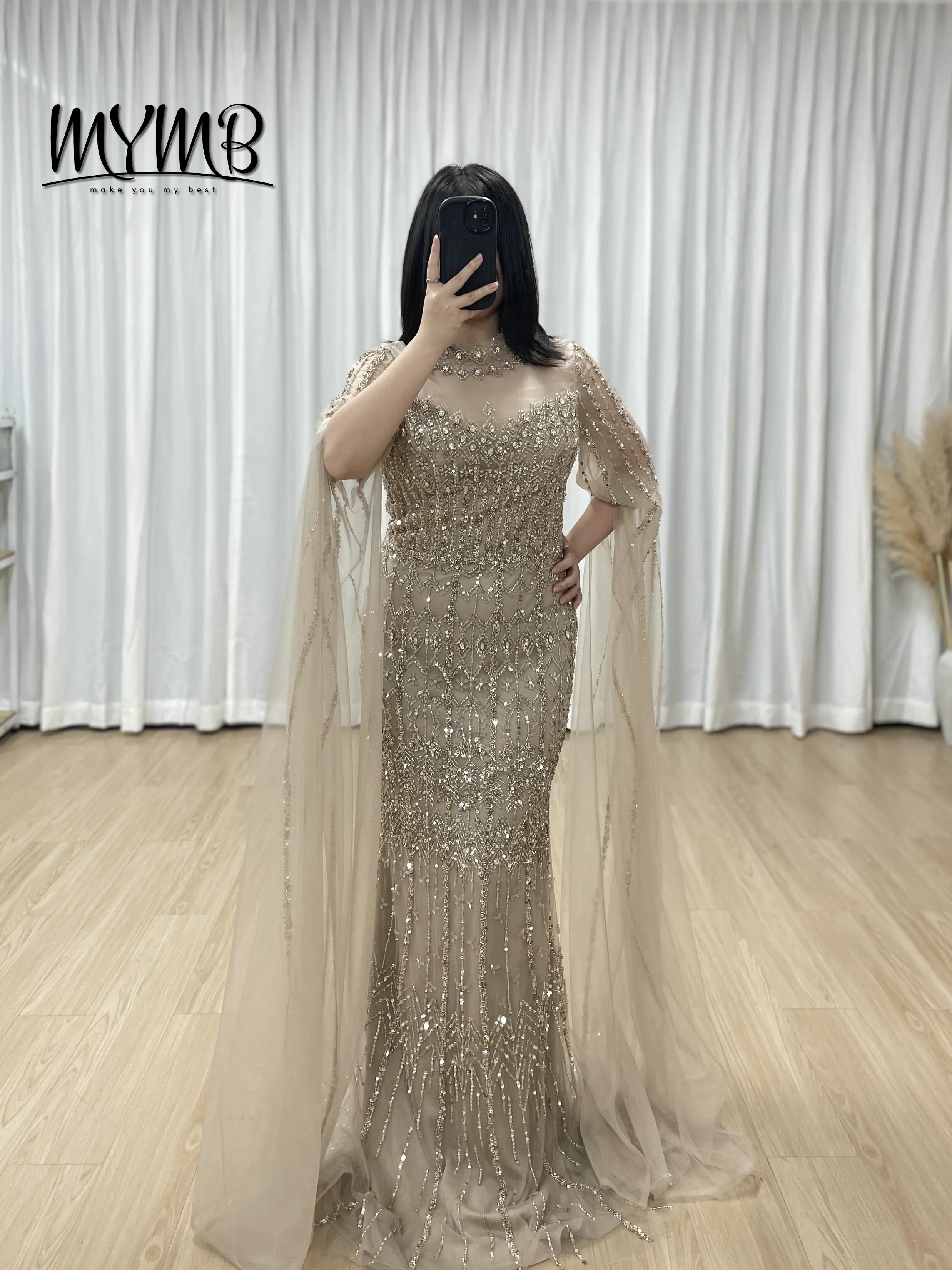 

MYMB Caramel Green Luxury Arabic Beaded Mermaid Evening Dresses With Long Cape Sleeves High Neck Prom Party Formal Gowns MC20120