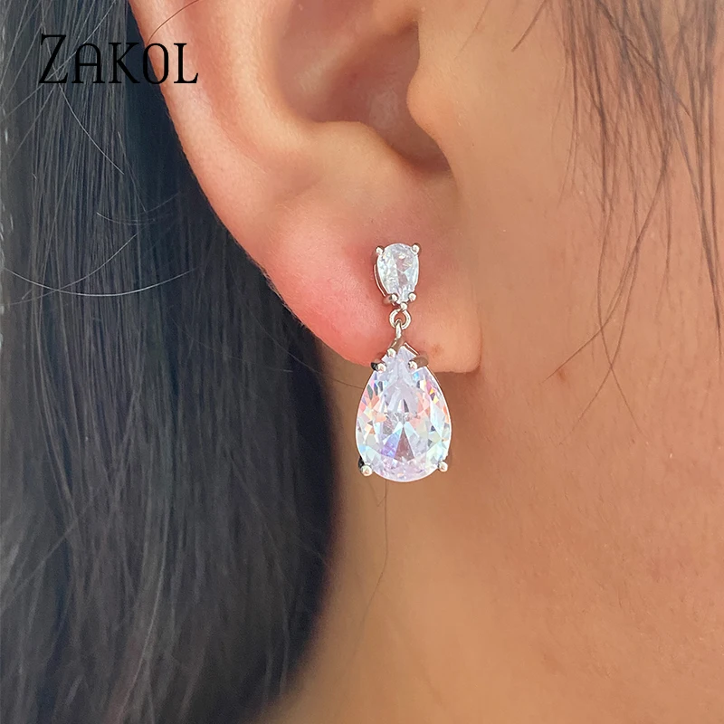 ZAKOL Shinny Water Drop Crystal Dangle Earrings for Women Bridal Wedding Dress Jewelry