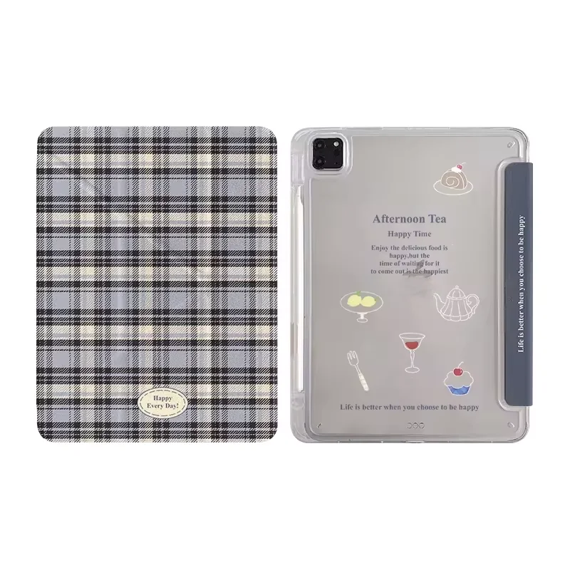 Korean Y+3 Fold Cream Plaid Cat Small Fish Dog For iPad Pro Air M5 M4 M3 M2 2 1 11th A16 12.9