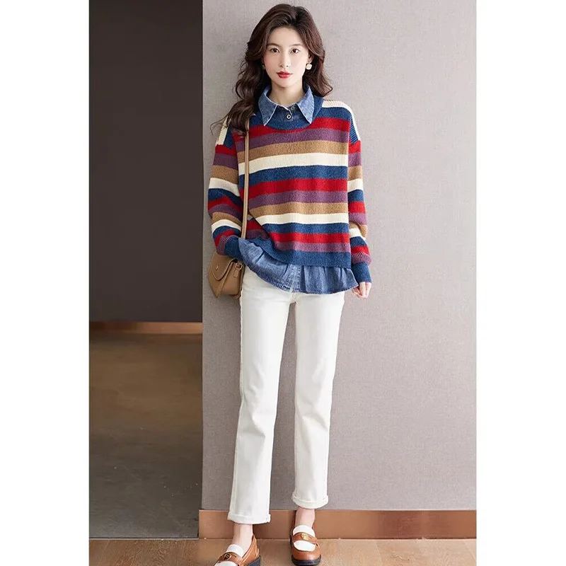 Autumn Striped Color Blocked Knitted Sweaters Fashion Cowboy Collar Fake Two Pieces Pullovers Women Vintage Loose Jumpers