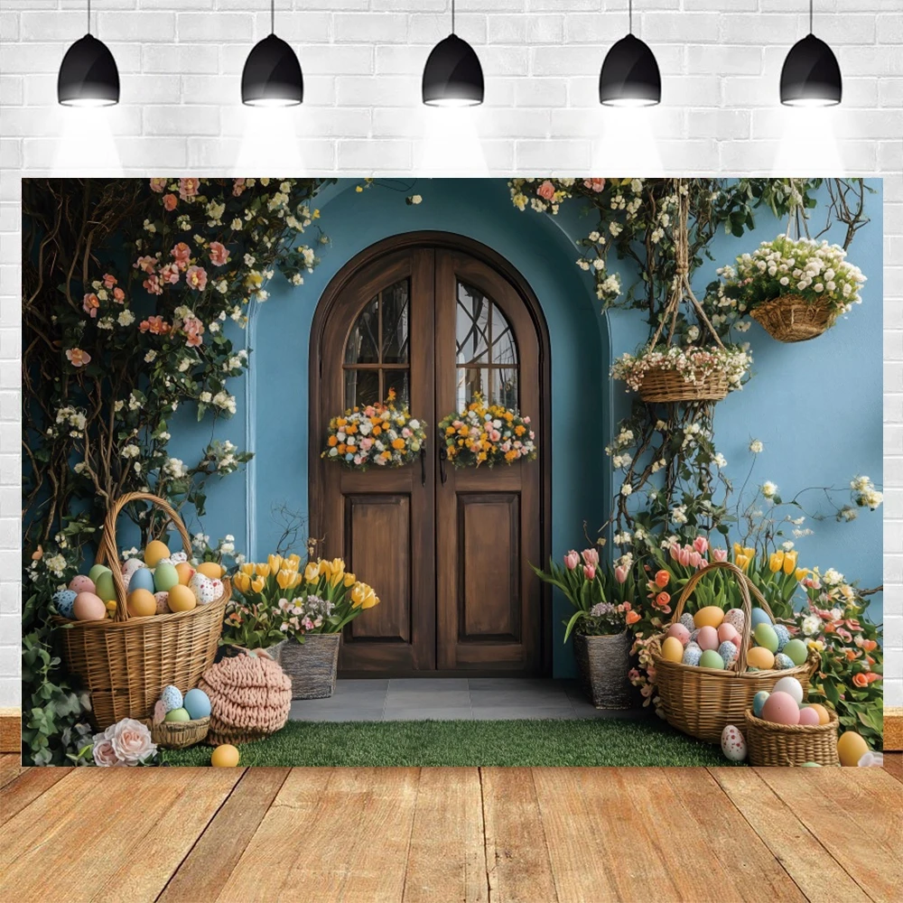 Retro Easter Photography Background Wooden Door Flower Floral Eggs Party Decor Kids Portrait Backdrop Photobooth Studio Props