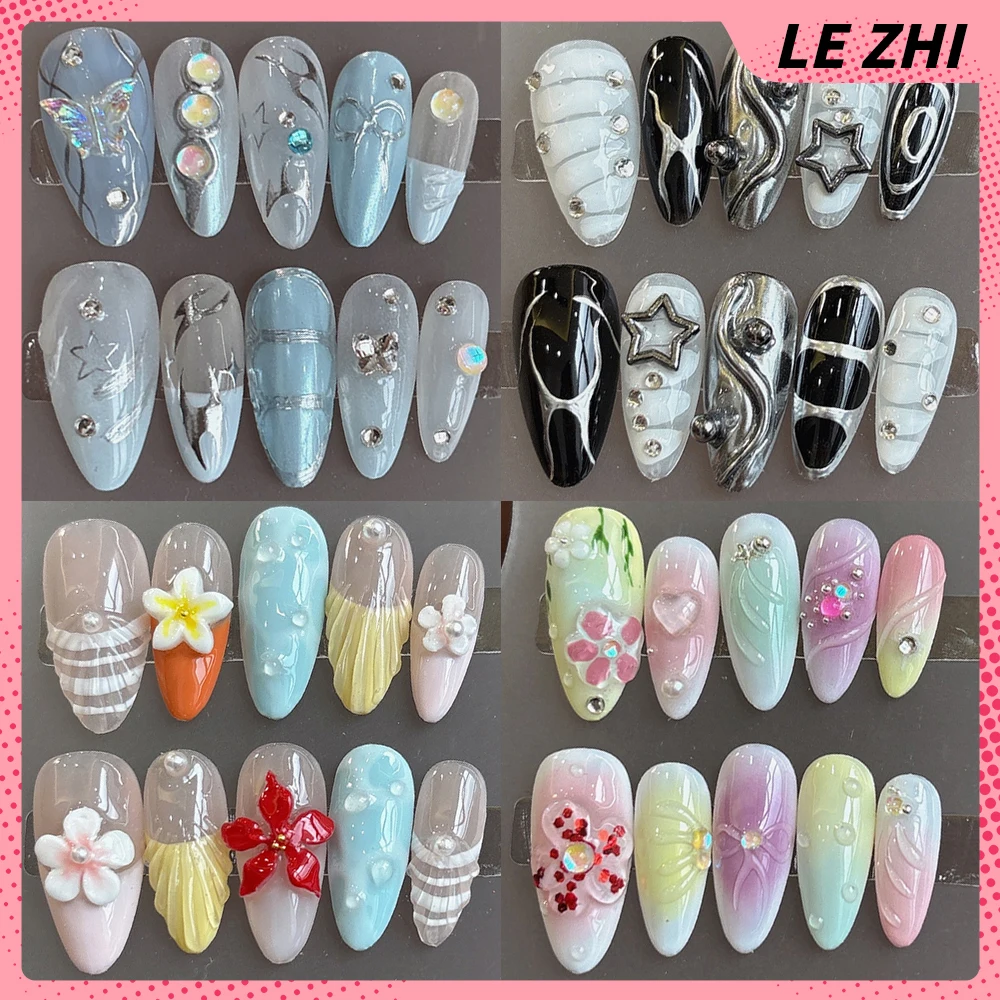 

Spice Girl Metal Style Handmade Almond Reusable Full Cover False Nails 3D Flowers Pearl Diamond Magic Mirror Powder False Nails