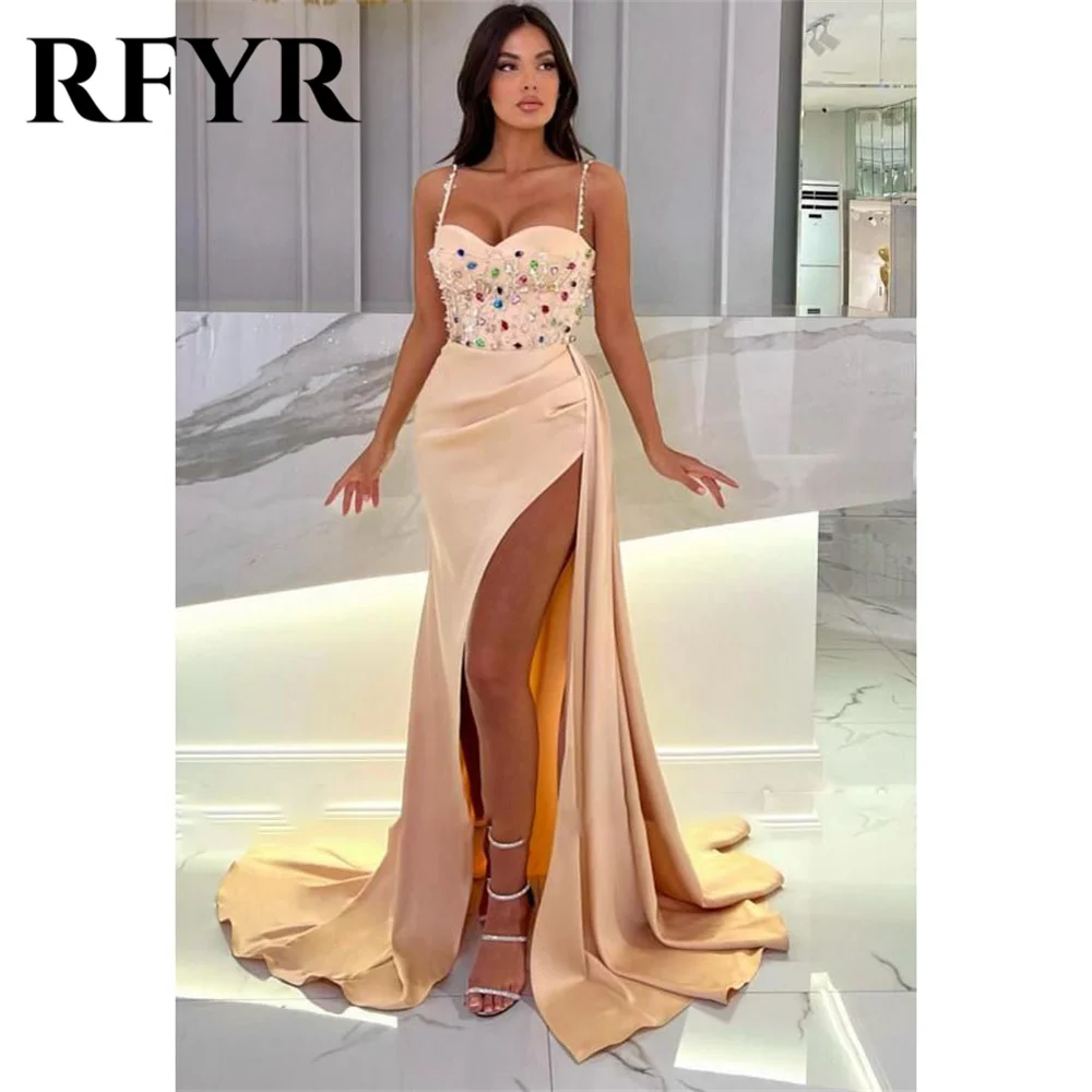 

RFYR Pink Blush Woman Evening Dress Gown Stain Beading Ball Gown Pleat Night Dress Gown with Split robes de soirée Customized