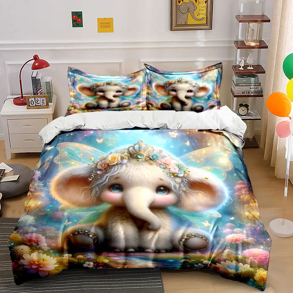 Adorable elephant in a fairy tale forest Printed Duvet Cover Set1 Duvet Cover+2 PillowcaseMulti Size Bedroom Bedding Decor