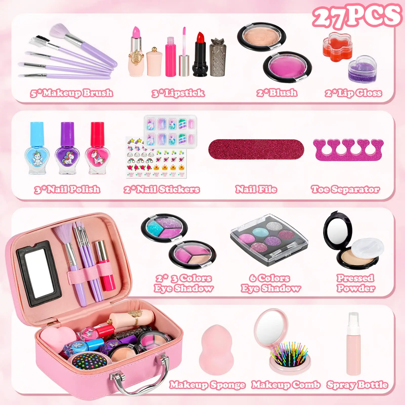 Set de maquillaje infantil para niñas, juego de cosméticos lavable de 27 piezas con estuche de maquillaje para niños, juguete de juego de rol y