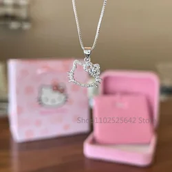 Kawaii HelloKittys Anime Crystal Pendant Necklaces Ladies Girl Simple White Zircon Elegant Necklace Women Jewelry Gift Box