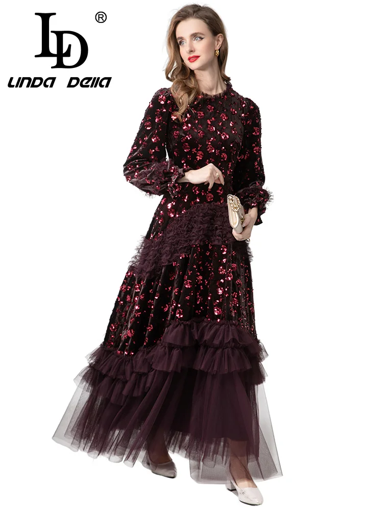 LD LINDA DELL شبكة شفافة مستديرة الرقبة طويلة الأكمام فستان مأدبة مثير المخملية النسيج زهرة الربط فساتين راقية