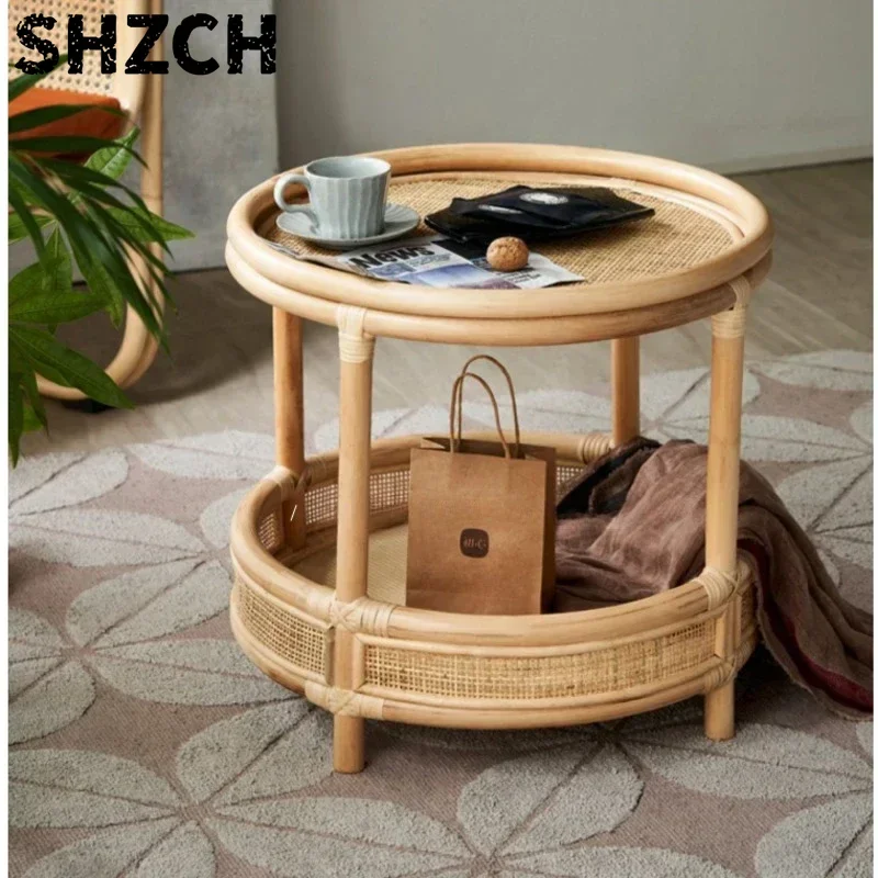 Ins Indonesian Rattan Weaving Table Vintage Coffee Table Double-Layers Structure Round Side Table Living Room Tea Desks