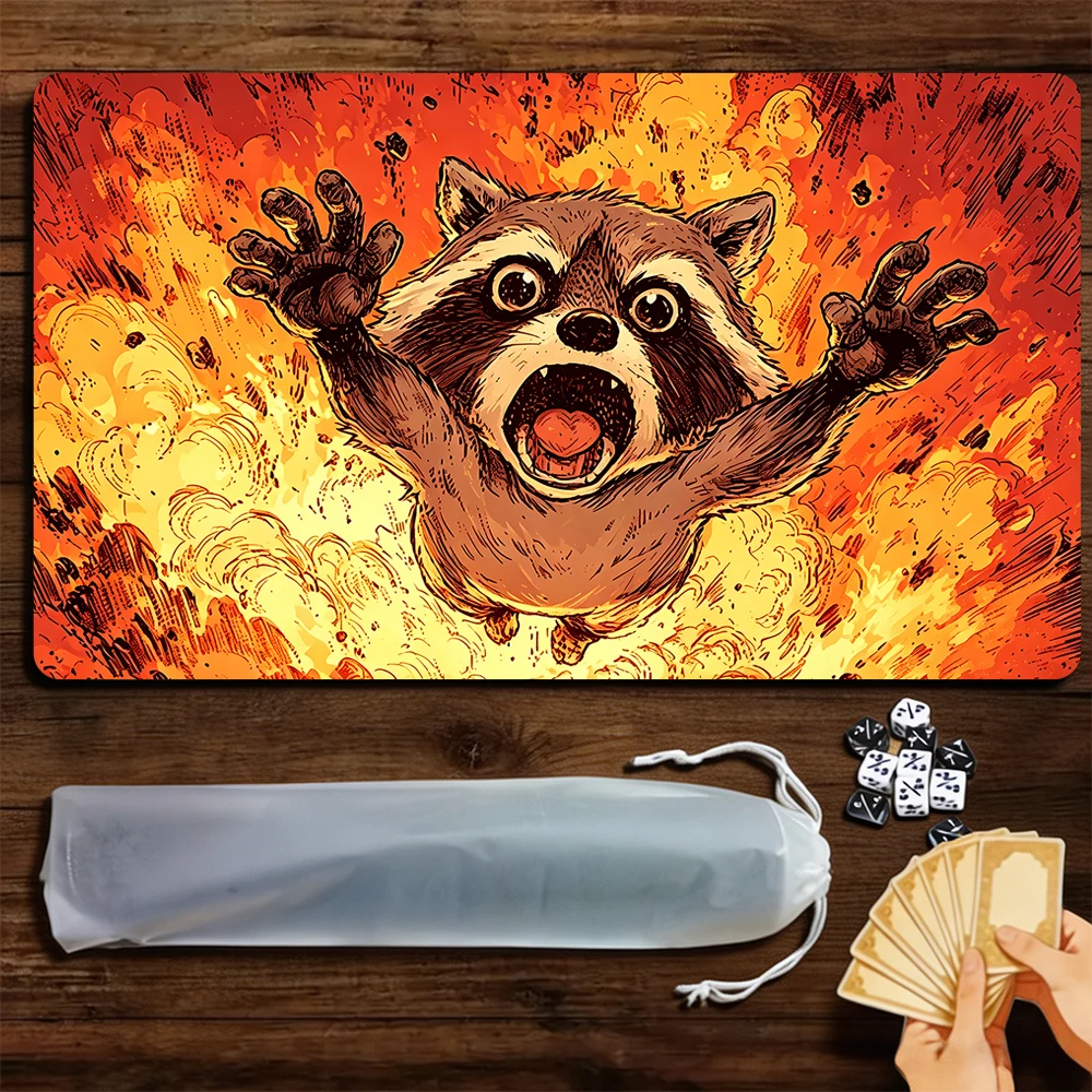 Flame Raccoon TCG Playmat Magic Playmat Gathering Gaming Mat with Stitched Edge Anti-slip base 60X35cm Trading Card Game
