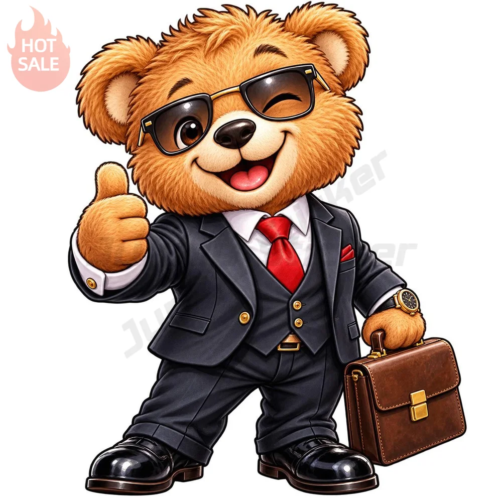 Teddy Bear Business Suit Funny Cartoon Novelty Sticker For Car Window And Luggage Waterproof Vinyl Decal Personalized Decor