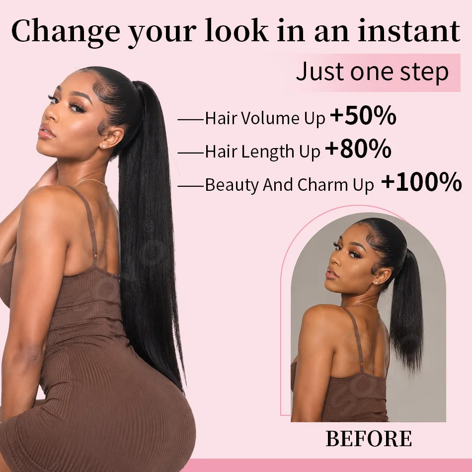 100% Remy Brazilian Straight Human Hair Ponytail Drawstring Natural Black Clip In Wrap Hairpiece for Women view 5