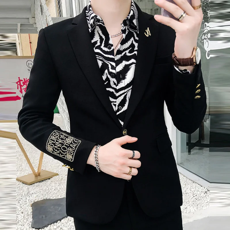 Blazer Embroidery Gold Letter Men 2023 Korean Style Slim Fit Blazer Hombre Stage Male Terno Masculino Prom Suit Jacket