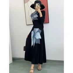 DUOSHA Elegant Fashion Printed Pleated 2 Pieces Set For Women Turtleneck Slim Tops With High Waist Mid Length Skirts 78787