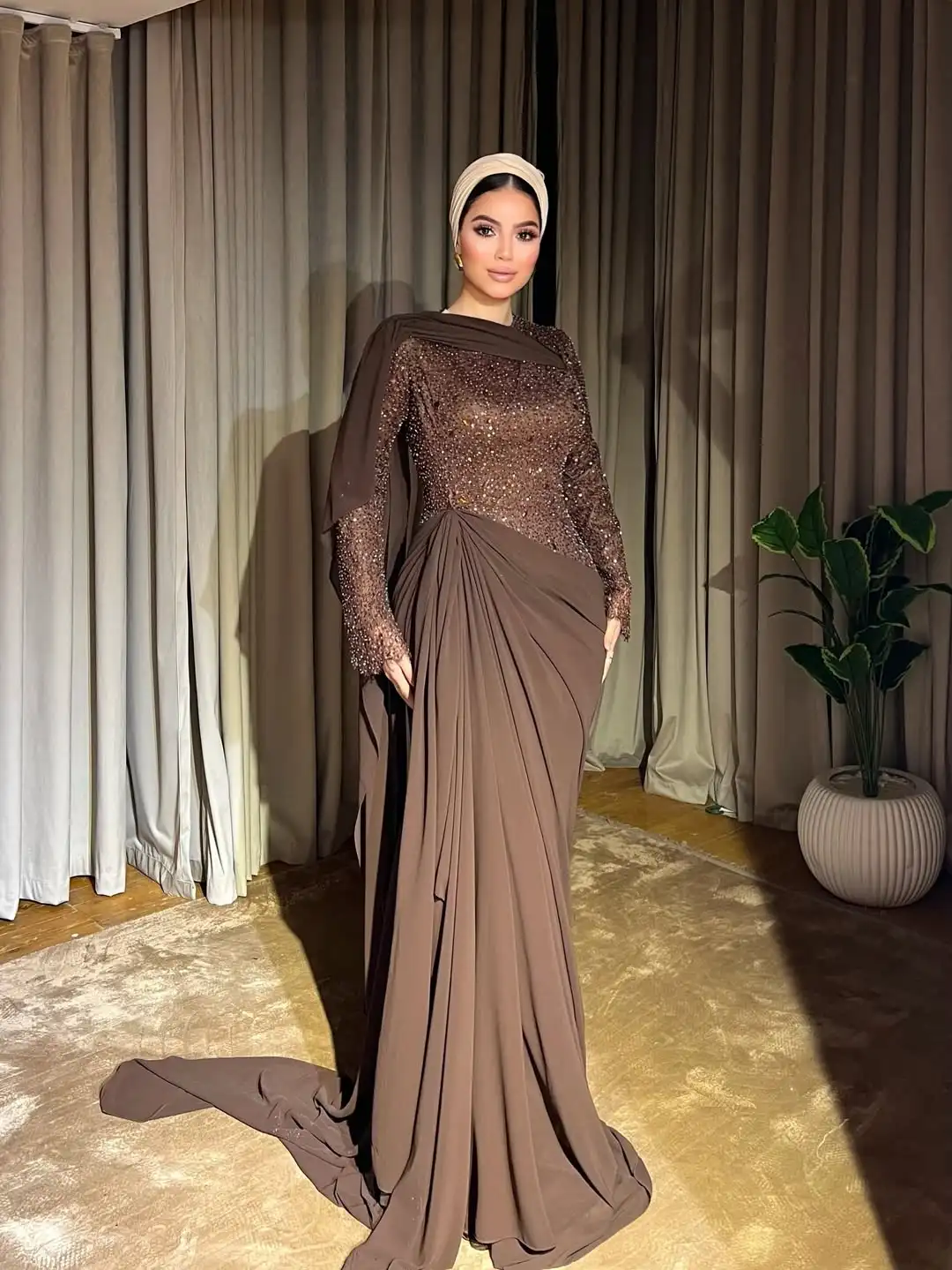 khaki evening dresses Modest Khaki Prom Dress 51923HK