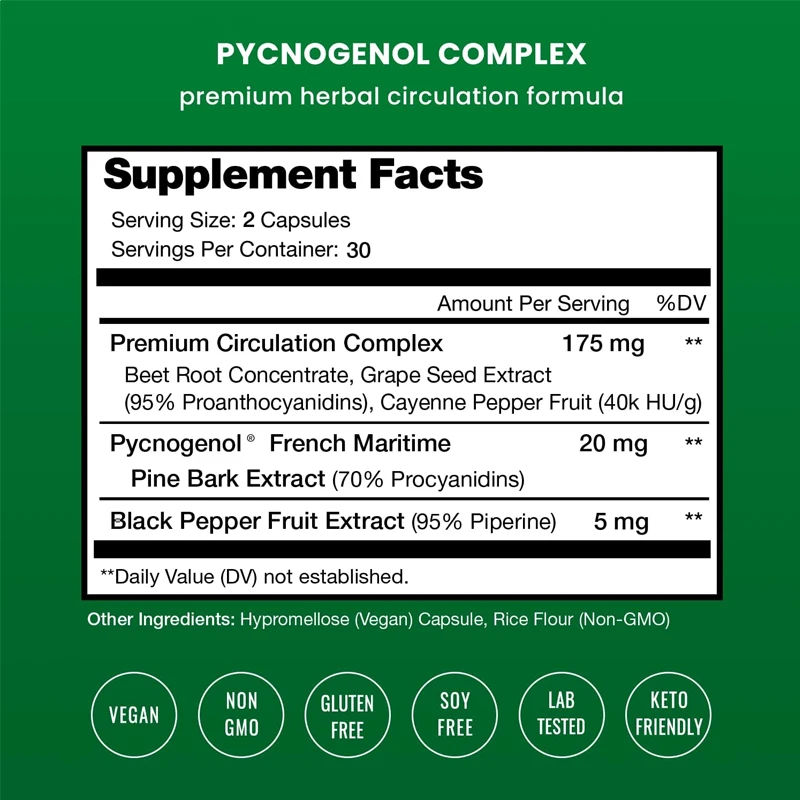 Pycnogenol สารสกัดจากเปลือกสนมหาสมุทรฝรั่งเศส | ผลการดูดซึมที่ดีเยี่ยม, สารสกัดจากพริกไทยดำ | มังสวิรัติ, ไม่ใช่จีเอ็มโอ60แคปซูล