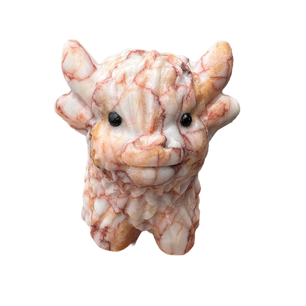 Custom Natural Red Network Jasper Highland Cow Figurine - 8cm Crystal Farm Animal Statue with Inlaid Eyes for Collectible Decor