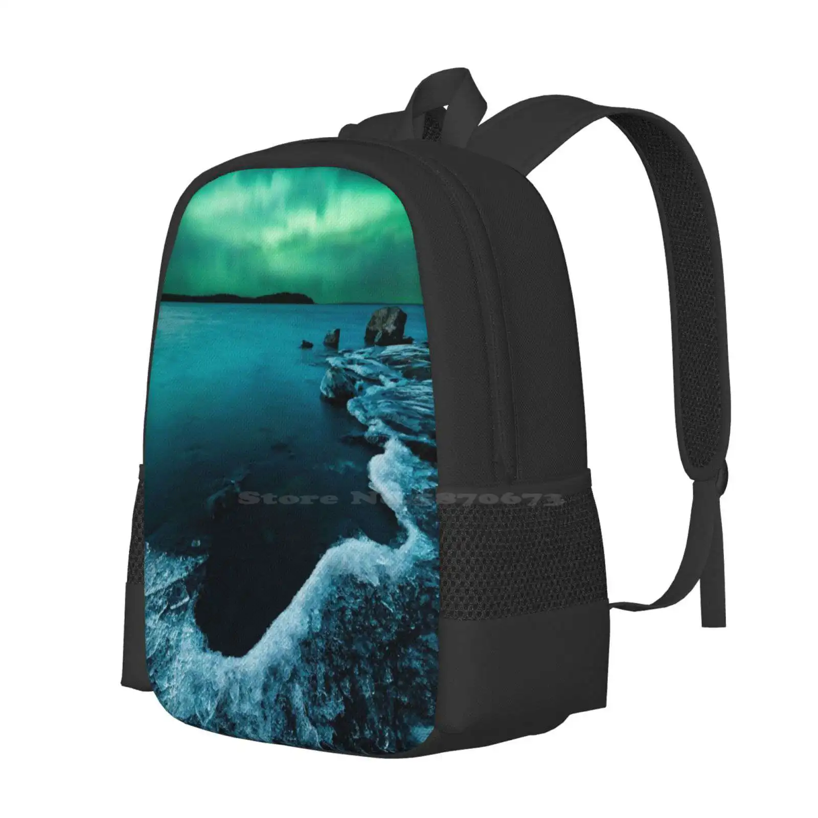 Ice On The Lake Shore And Northern Lights Landscape Pattern Design Bagpack School Bags Atmosphere Aurora Borealis Beautiful