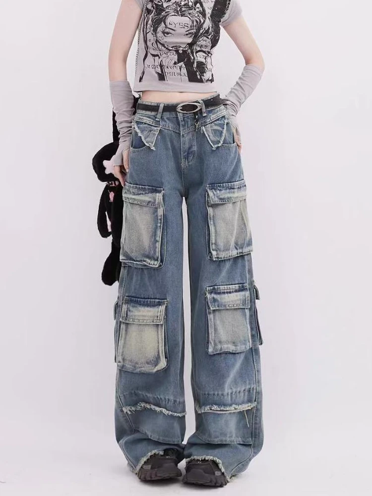 ADAgirl Multi-pocket Cargo Jeans Women Y2k Hip Hop Retro Baggy High Waist Wide Leg Denim Pants Harajuku Streetwear Chic Bottoms