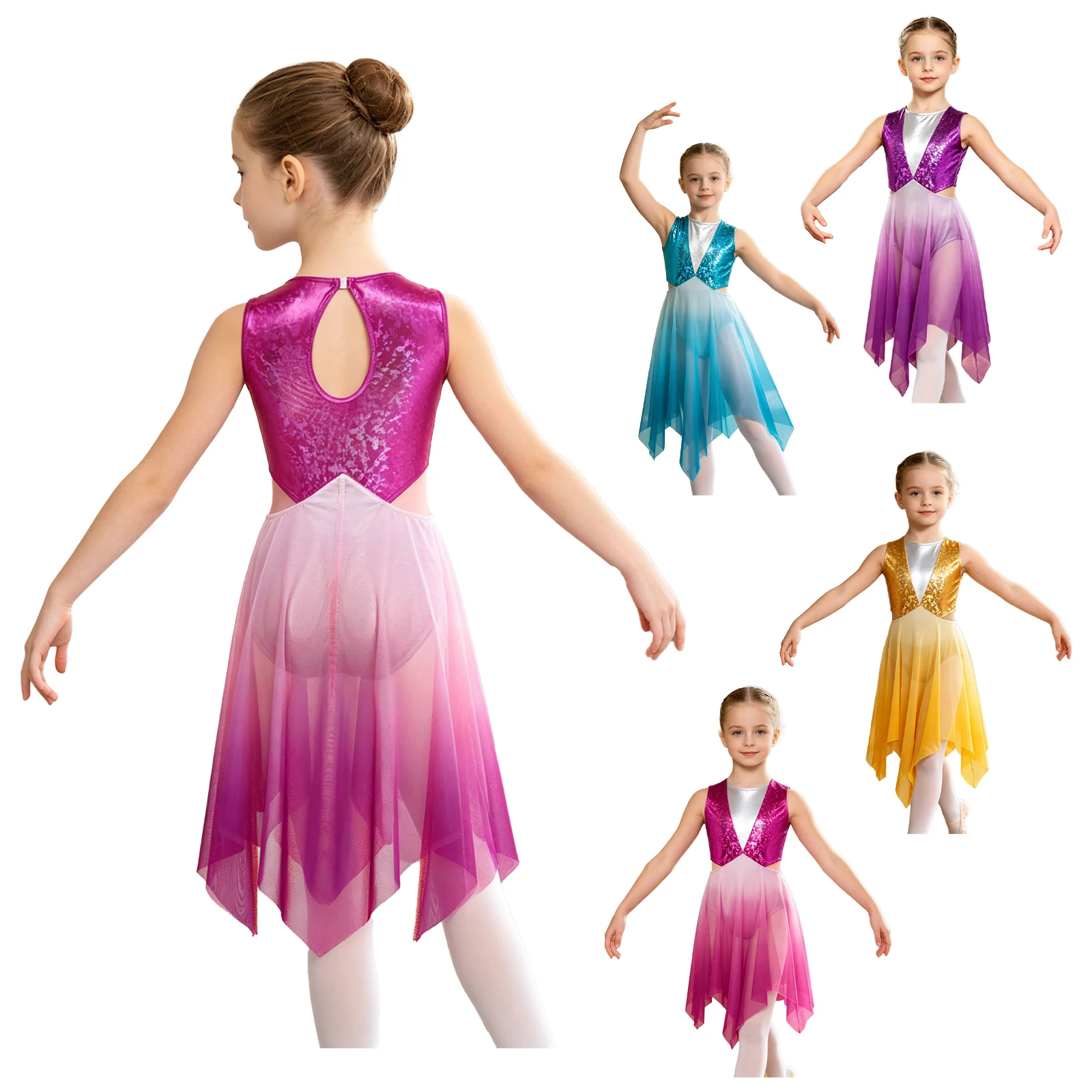 Kleid für Kleinkinder und Mädchen für lyrischen und zeitgenössischen Ballett-Tanz, Ombre-Kostüm für Kinder-Bühnenauftritte mit Pailletten-Oberteil und Ombre-Farbverlauf-Mesh-Kleid.