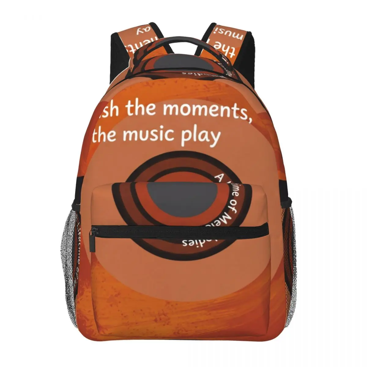 Dark Punk Printed Backpack Center Vinyl Record Modern Graphic Black Orange Brown Edgy Daypack for School Work Weekend Outfit Gym