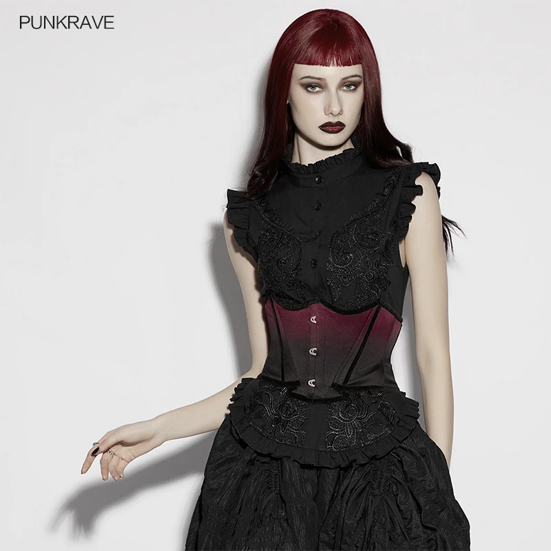

PUNK RAVE Women's Goth Bat Outline Woven Gradient Corset Warm Glossy Texture Silky Built in Steel Frame Accessories Two Colors