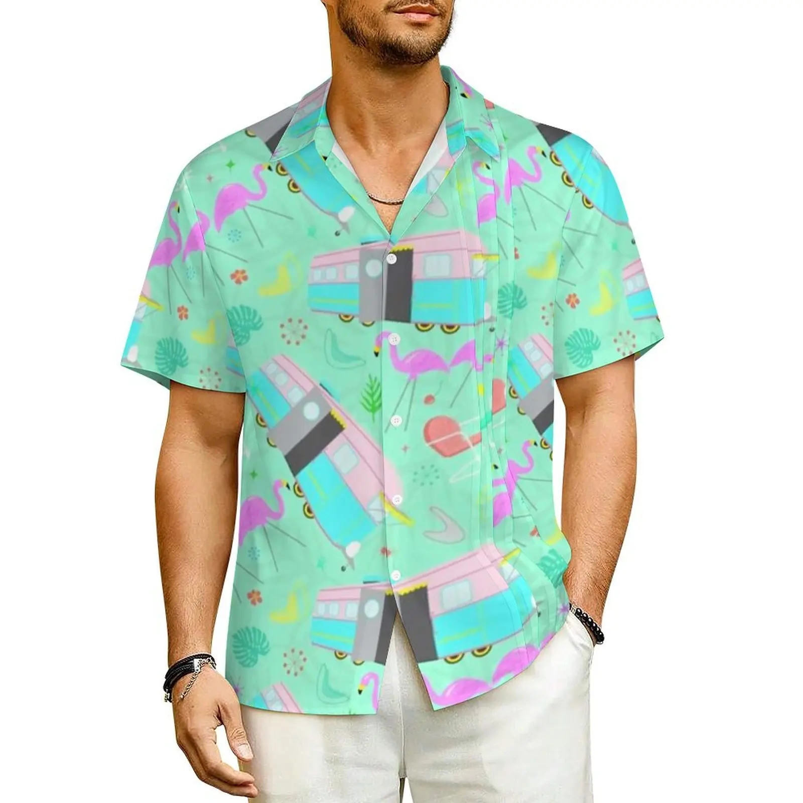 

Vacation Beach Summer Shirt For Male Beach Mid Century Retro Yard Flamingos Casual Shirts Short Sleeve Novelty Oversized Blouses