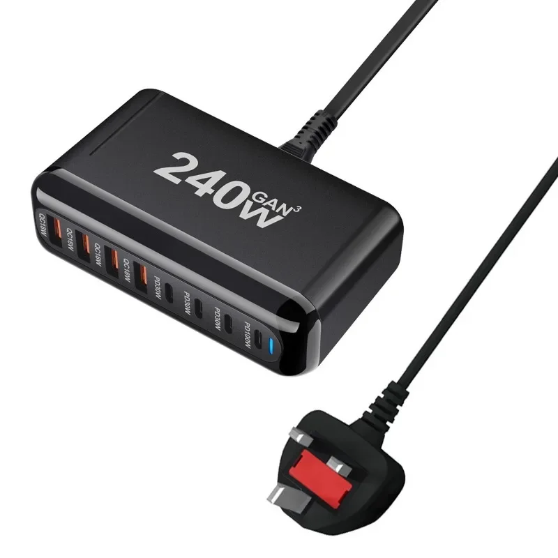 Cargador GaN de escritorio de 8 puertos 240W USB tipo C PD cargador rápido de teléfono móvil USB múltiple para Xiaomi