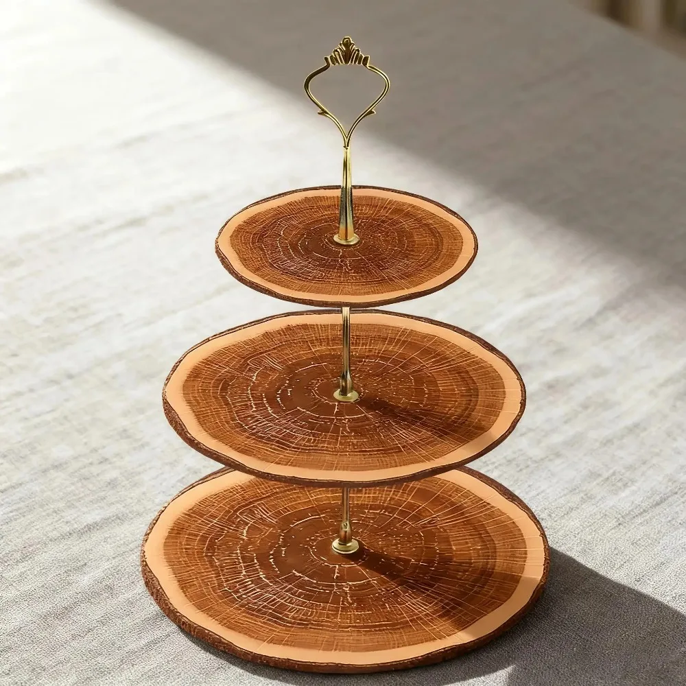 3 Tier Wood Grain Cupcake Stand, Rustic Farmhouse 2D Flat Round Serving Tray for Wedding Birthday Party Dessert Decor Pallet