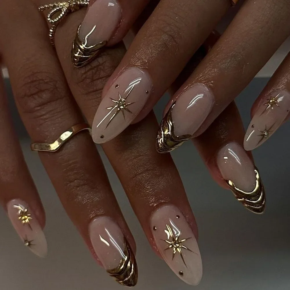 

24PCS Press on Nails Almond Shape 3D Silver French Tip with Metallic Stars Full Cover Fake Nails Simple Glue on Nails Gel Effect