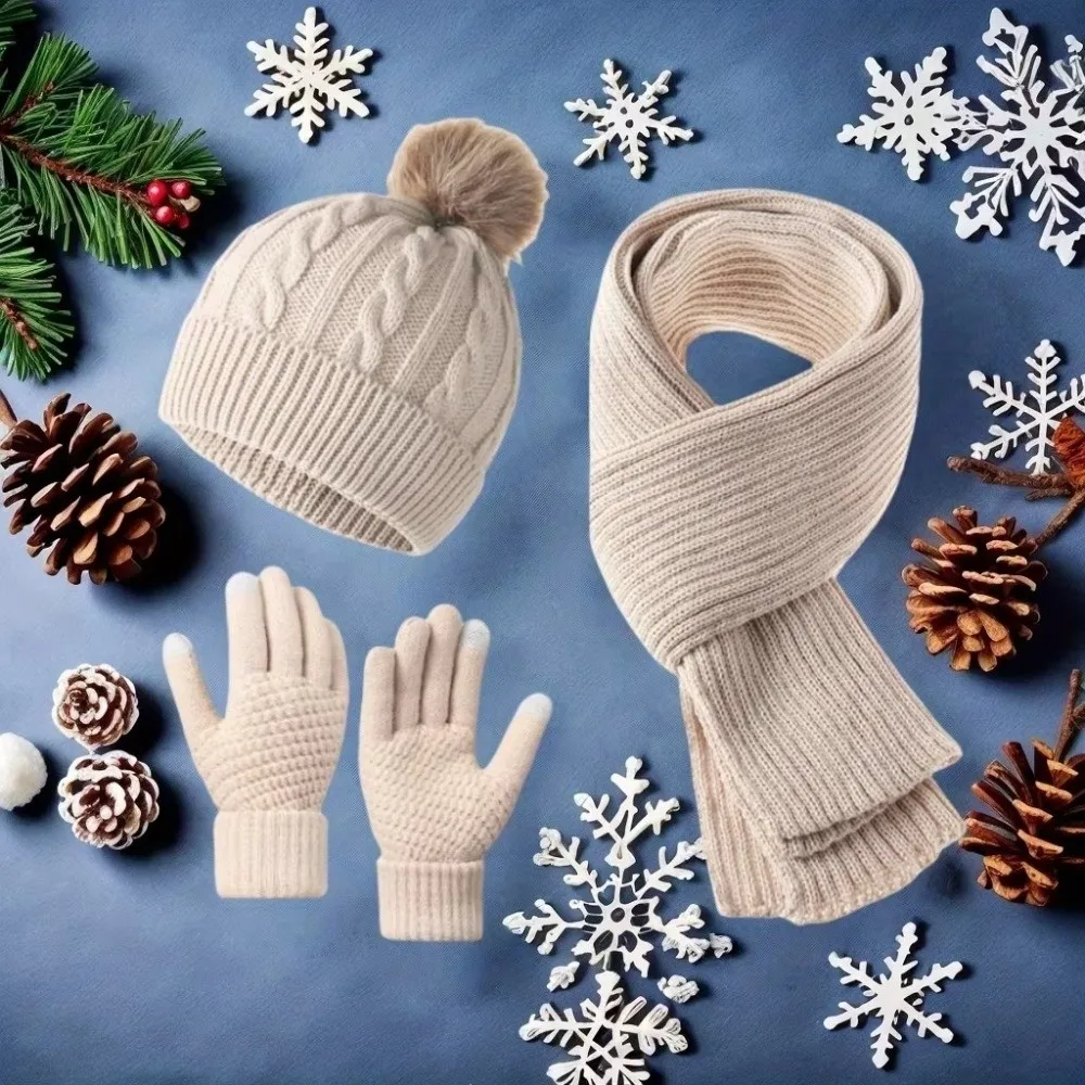 3Pcs/Set Warm Winter Hat Scarf Gloves Set Thicken Windproof Knit Beanie Snood Set Soft Elastic Scarf Neck Warmer Suit