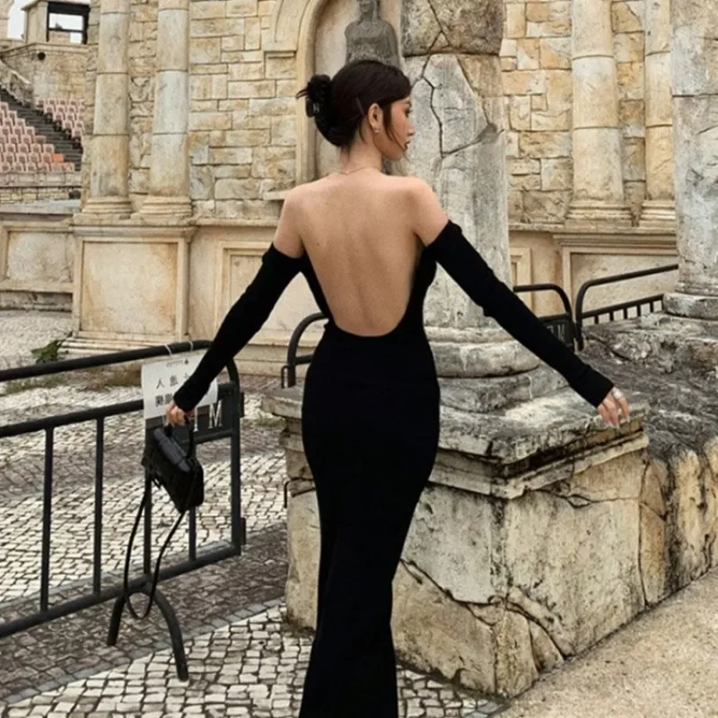 Sexy zwarte jurk zonder rug, elegante lange mouwen, off-shoulder gebreide jurk, elastische slanke lange banketverjaardagsjurk voor dames