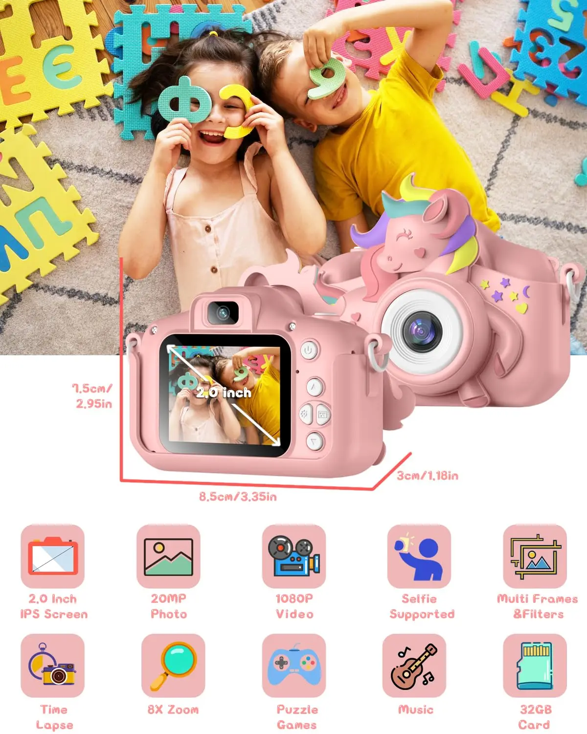 Gofunly Kids Camera 2.0" 20MP HD 1080P Cartoon Selfie Camera z kartą 32GB Prezent urodzinowy dla dziewczynek i chłopców w wieku 6-12 lat Łatwy w użyciu