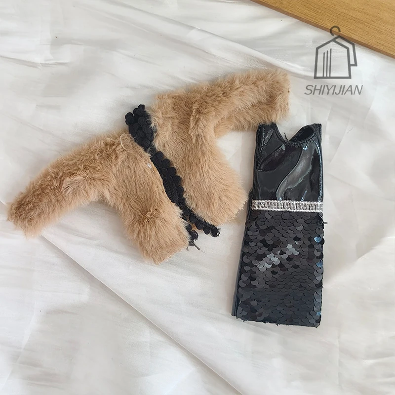 30cm boneca vestir-se roupas acessórios pele lantejoulas colete vestido + jaqueta conjunto 1/6 bjd moda princesa boneca vestidos festa roupas diárias