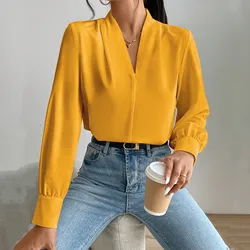 Office Lady Workwear OL Pullover Shirt Casual V Neck Long Sleeve Basic Autumn Spring Elegant Yellow Black Blouse Fall Tops