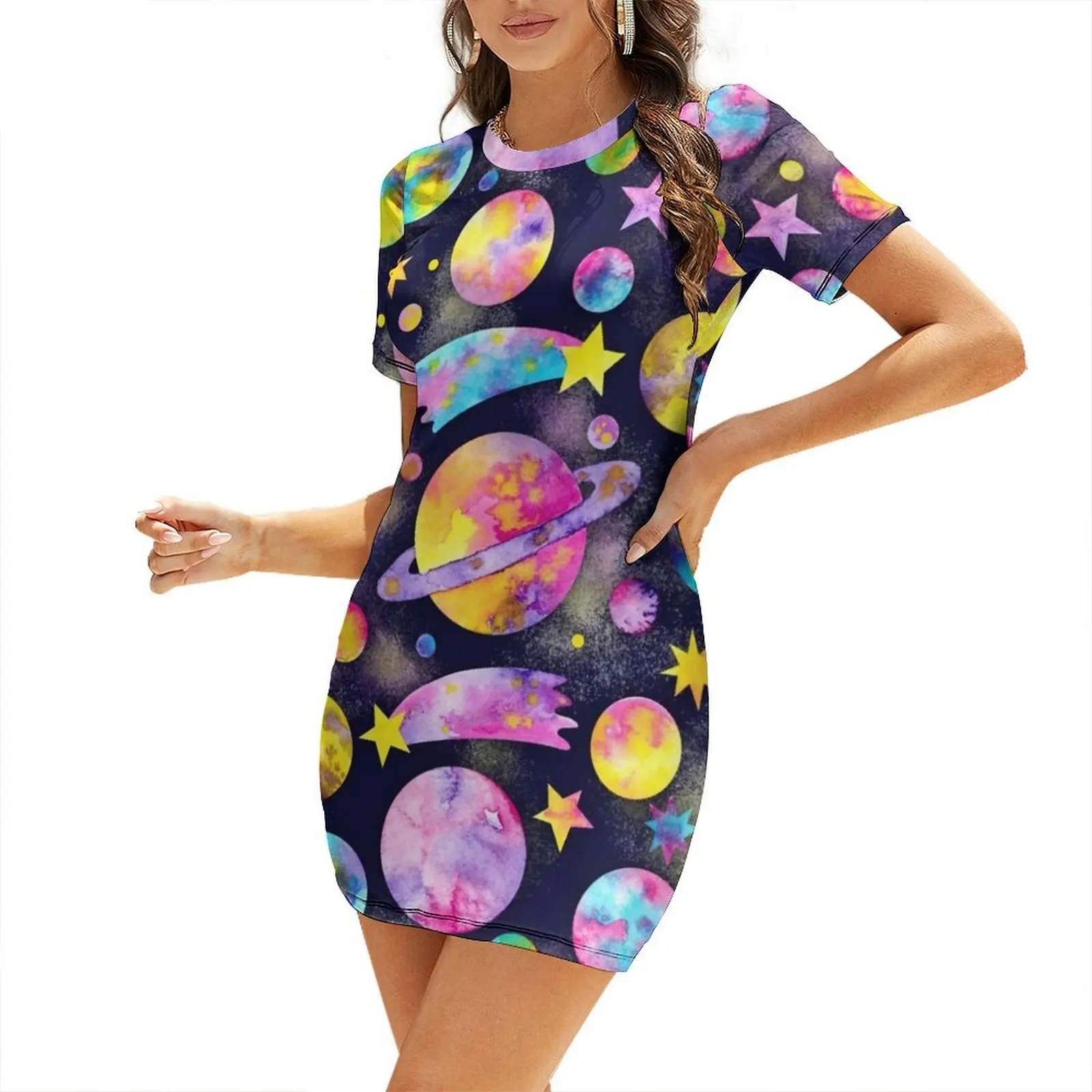 Outer Space Watercolour Planets All Over Pattern Short Sleeved Dress luxury dress women evening dress