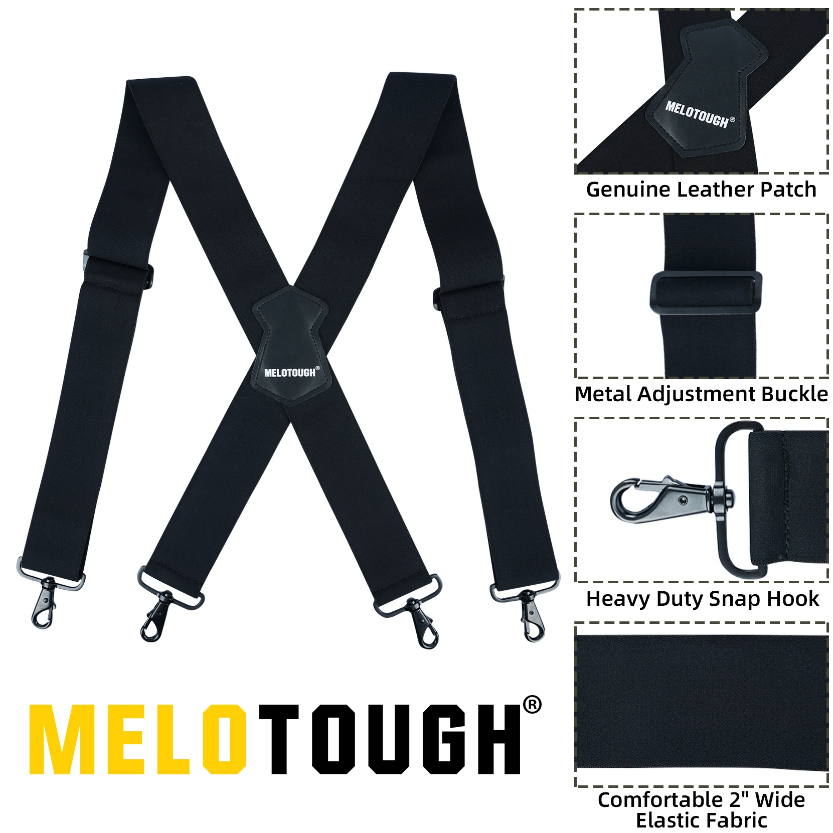 MELOTOUGH-Tirantes de trabajo para hombre, de alta resistencia Tirantes ajustables, totalmente elásticos, con ganchos a presión, 2 pulgadas