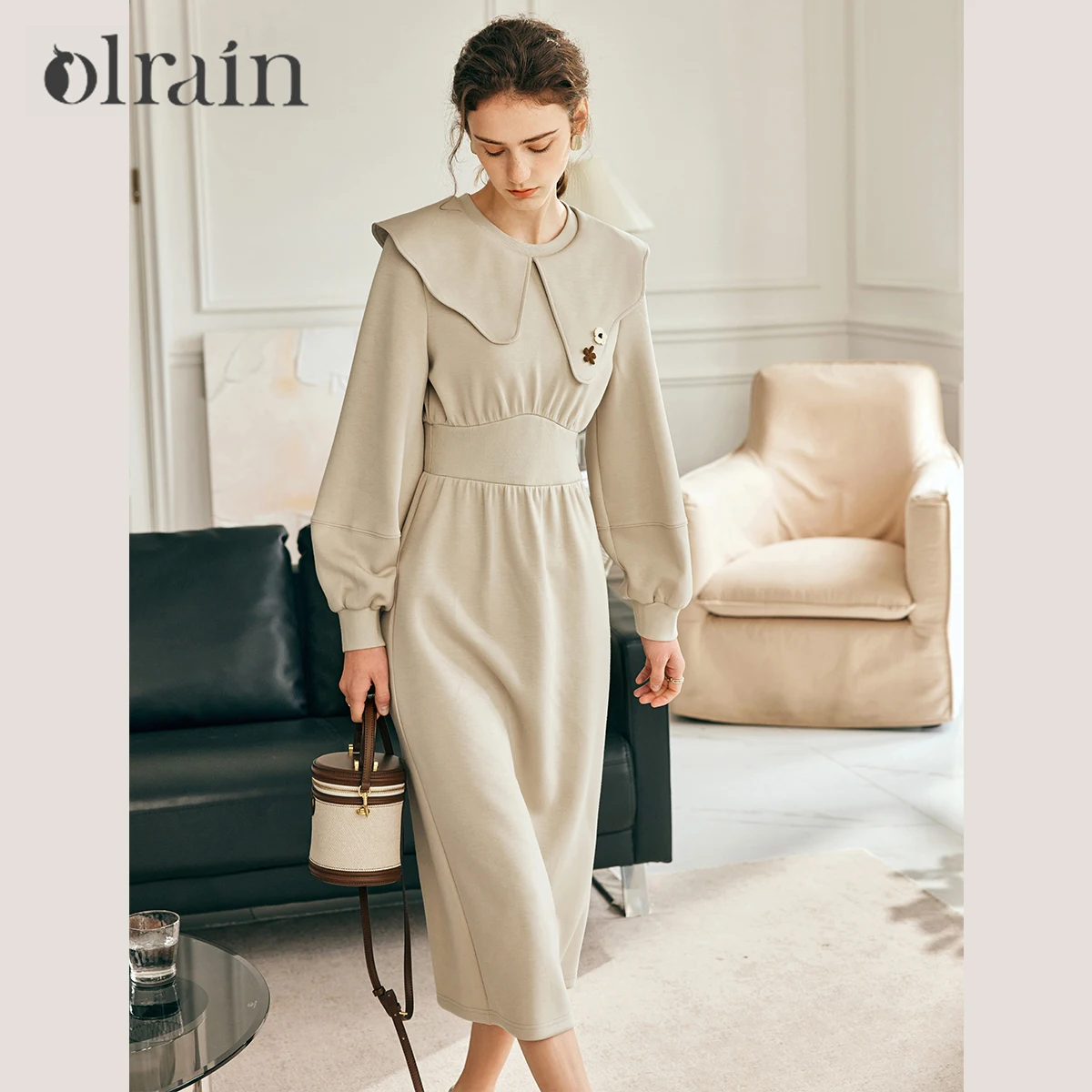 

OLrain Apricot Long Dresses For Women 2025 French Styl A-Line Irregular Lapel Lantern Sleeve Casual Female Dress O23CL69335