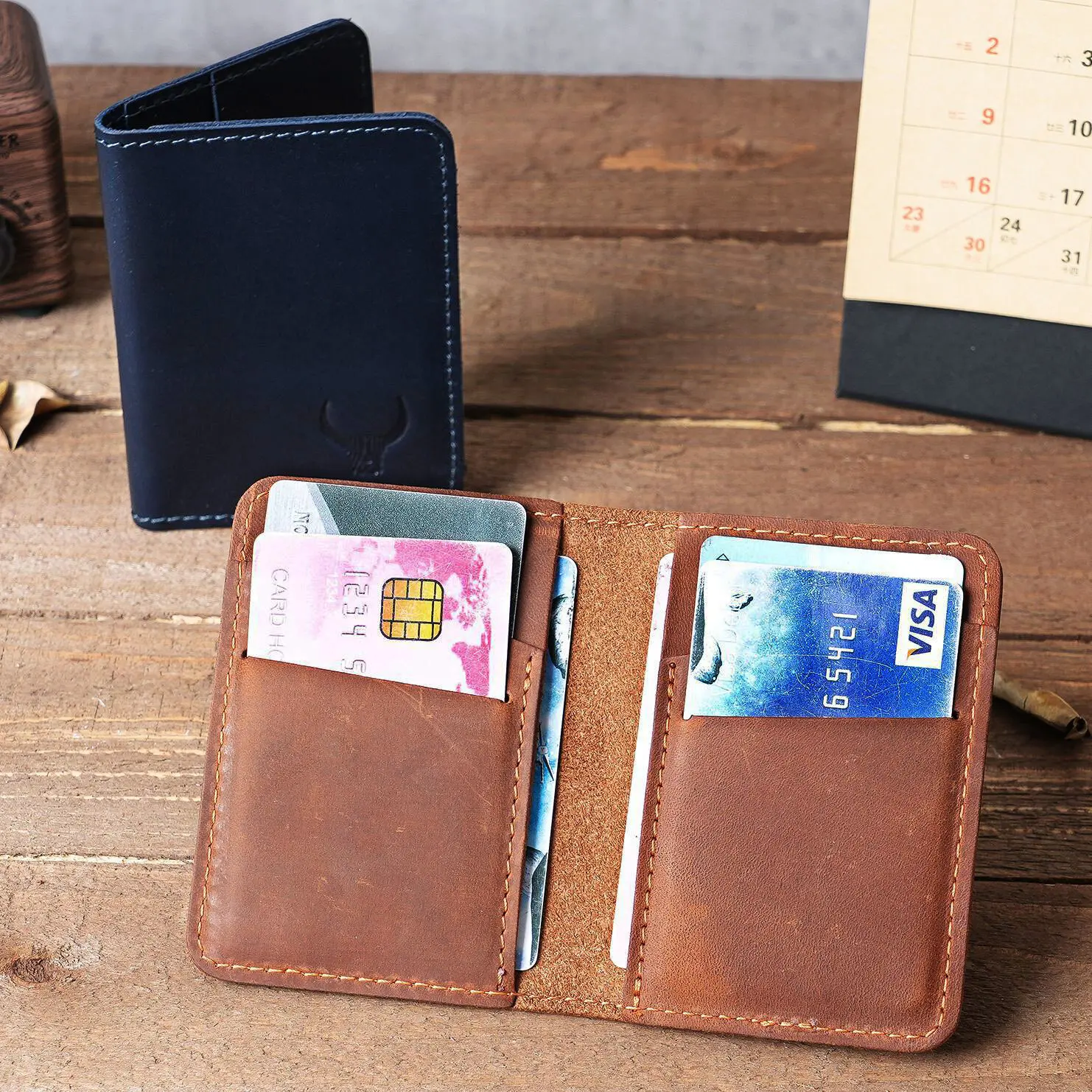 Handmade Retro Crazy Horse Leather Credit Card Holder Mens Wallet Short Ultra-thin Slim ID Drivers License Bank Cards Cases