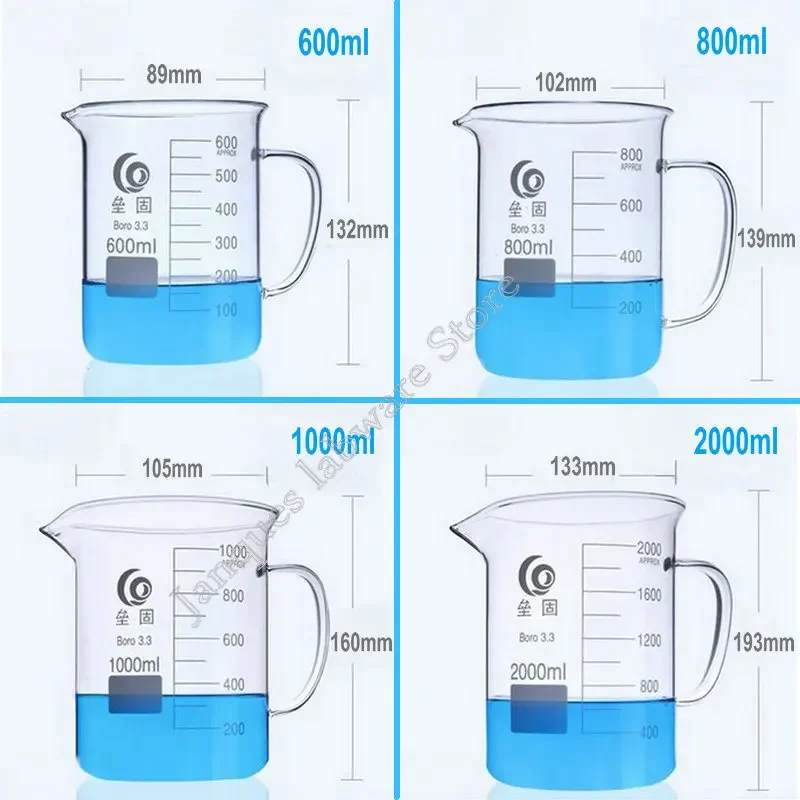 1 Stuk 50Ml Tot 2000Ml 3.3 Borosilicaatglas Beker Met Handvat Gegradueerd Glaswerk