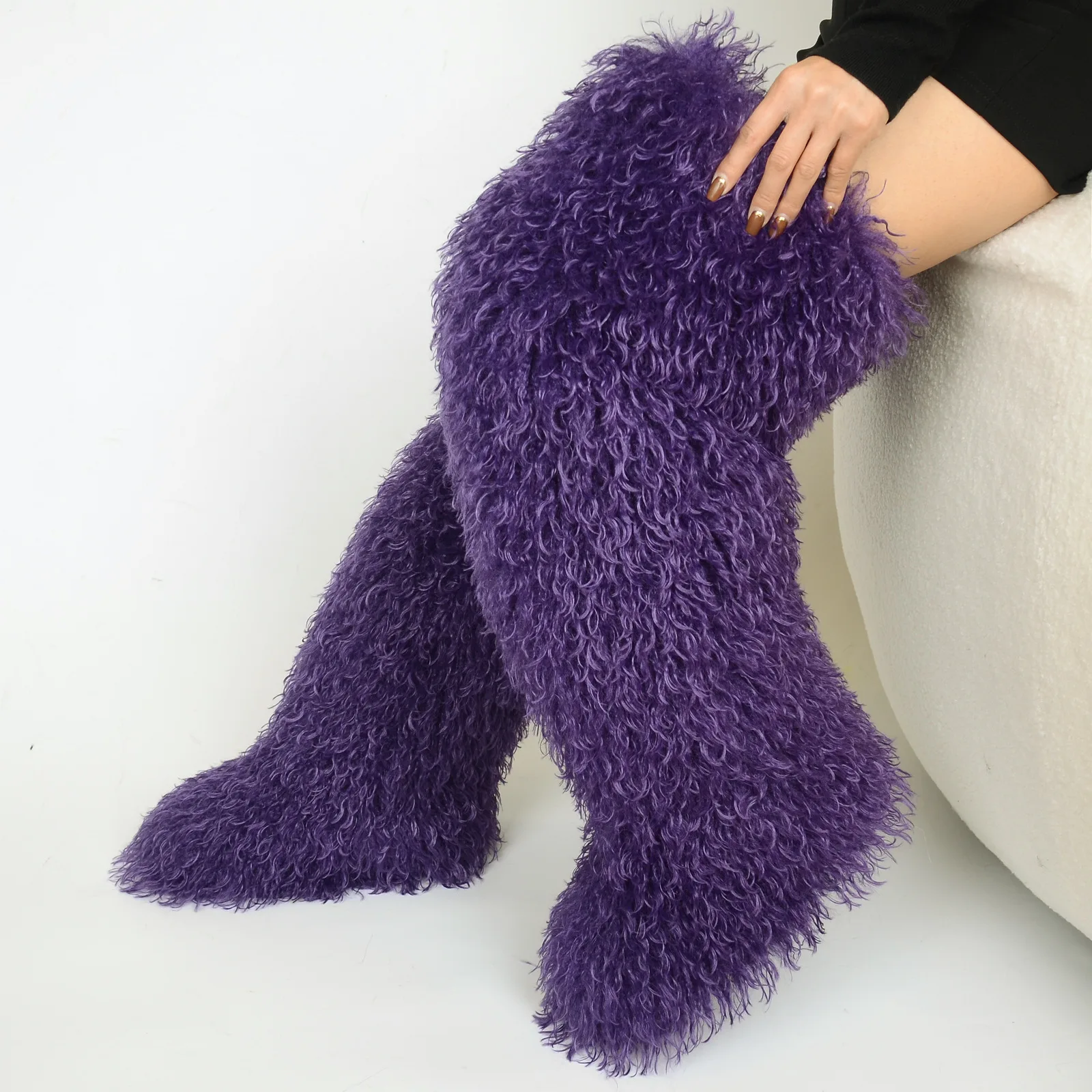 

IPPEUM Purple Mongolian Fur Boots For Women Thigh High Winter Plush Long Boots 2025