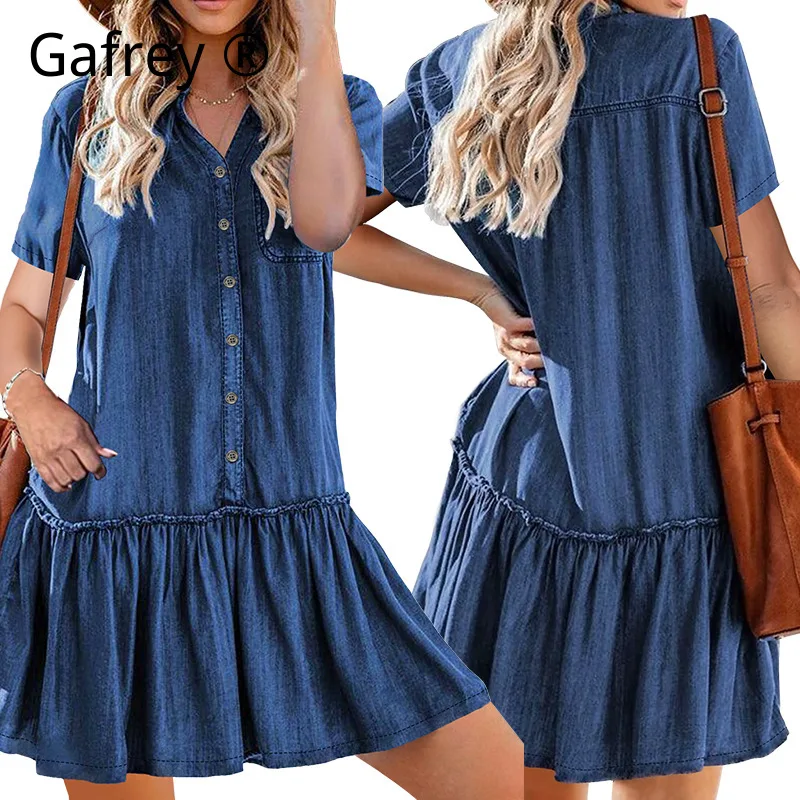 

Модное джинсовое платье больших размеров XXL-4XL с воротником-стойкой и коротким рукавом, классическое мини-платье из денима для женщин, повседневное, летнее, новинка 2026 года