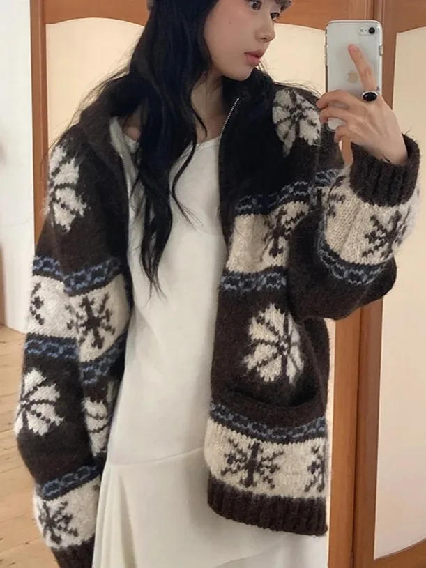 Retro Fair Isle Knitted Sweater Coat Women's Loose Korean Sle Autumn Winter Lazy Faion Open Cardigan Trendy Girl's Clothes